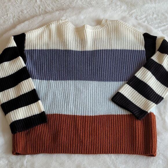 Thick Stripe Colorblock Knit Pullover Crewneck Contrast Sweater Medium - Picture 7 of 10